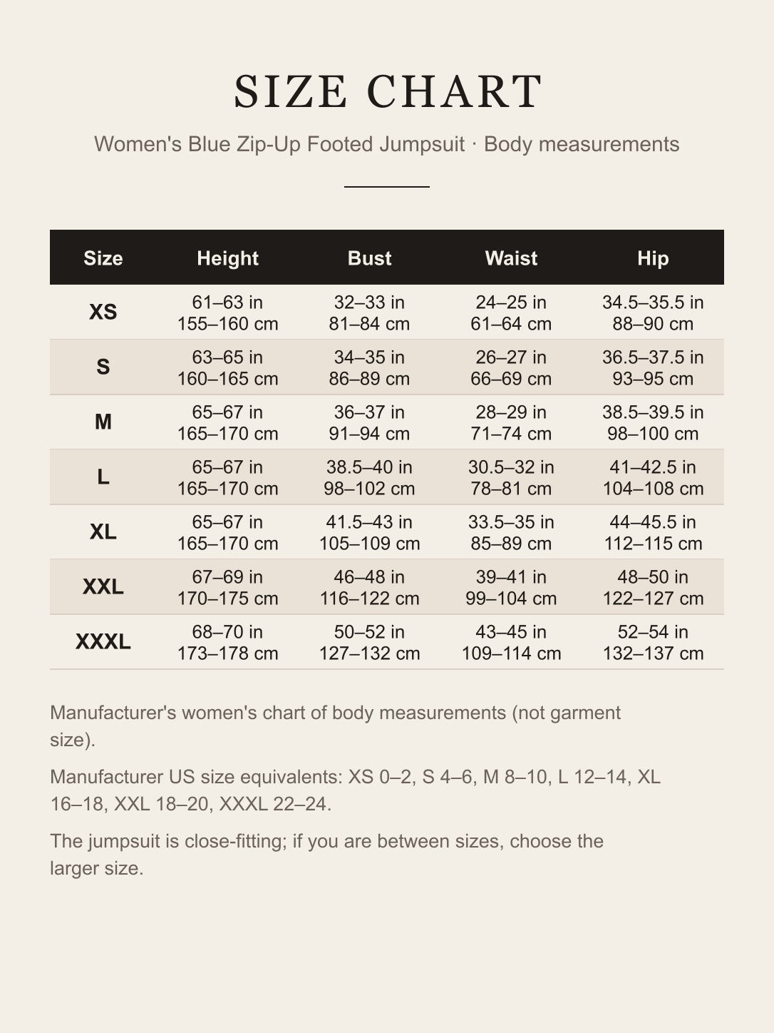 Size chart for the Chun-Li jumpsuit: height, bust, waist and hip for XS to XXXL in inches and centimeters