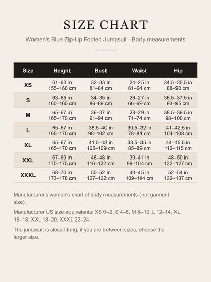 Size chart for the Chun-Li jumpsuit: height, bust, waist and hip for XS to XXXL in inches and centimeters