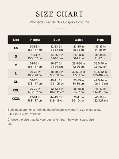 Size chart for the women's Cleo de Nile cosplay costume: height, bust, waist and hips for XS to XXXL in inches and centimeters