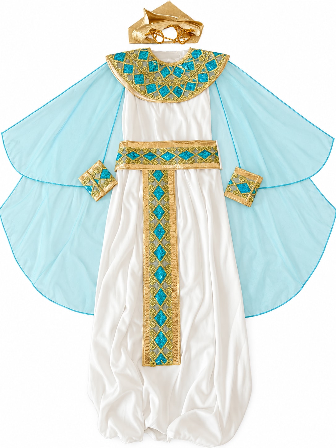 Women's Cleopatra Costume flat lay showing the white dress, blue capes, collar, belt, two arm cuffs and headpiece