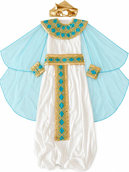 Women's Cleopatra Costume flat lay showing the white dress, blue capes, collar, belt, two arm cuffs and headpiece