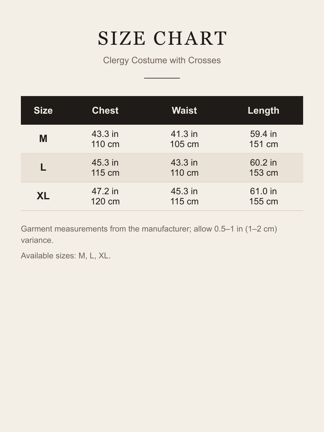 Size guide for the Clergy Costume with Crosses