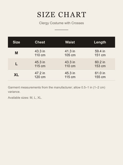 Size guide for the Clergy Costume with Crosses