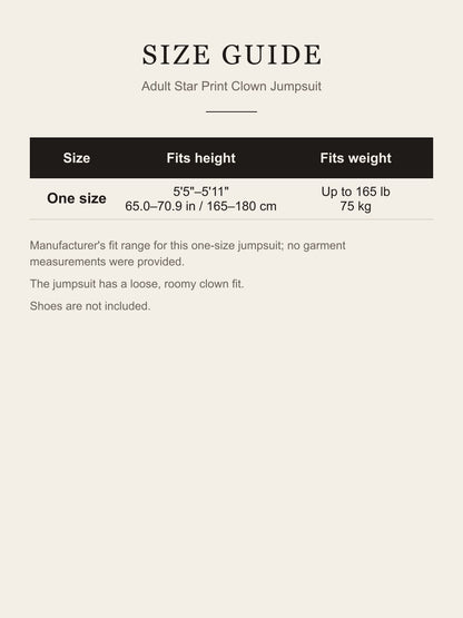 Size guide for the adult star print clown jumpsuit: one size fits 5'5"–5'11" (165–180 cm), up to 165 lb (75 kg)