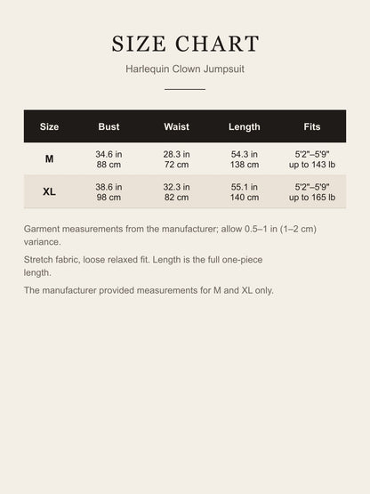 Size chart for the harlequin clown jumpsuit: bust, waist and length for sizes M and XL in inches and cm