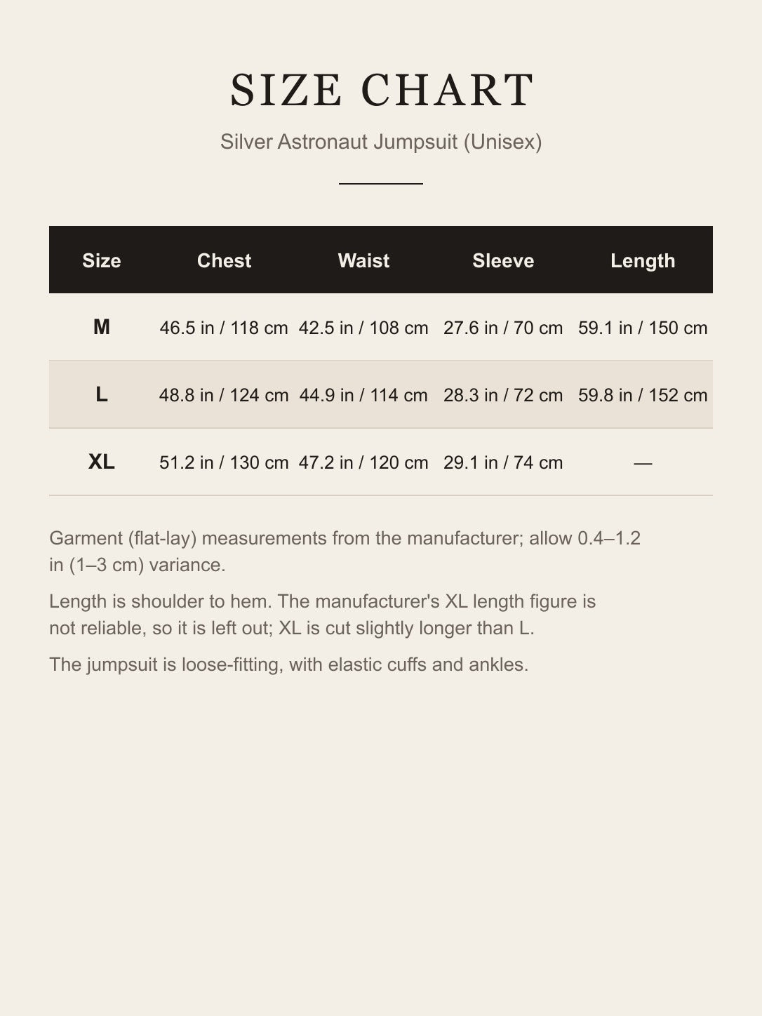 Size chart for the silver astronaut jumpsuit: chest, waist, sleeve and length for M, L and XL in inches and centimeters