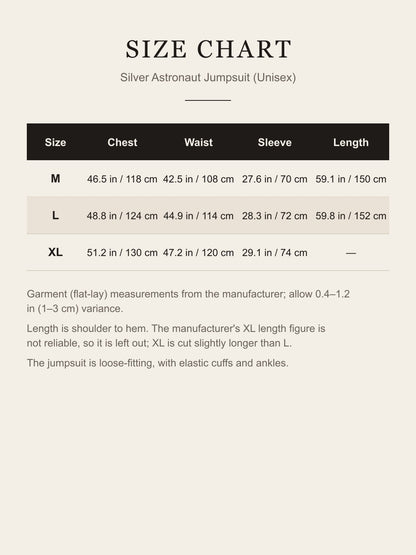 Size chart for the silver astronaut jumpsuit: chest, waist, sleeve and length for M, L and XL in inches and centimeters