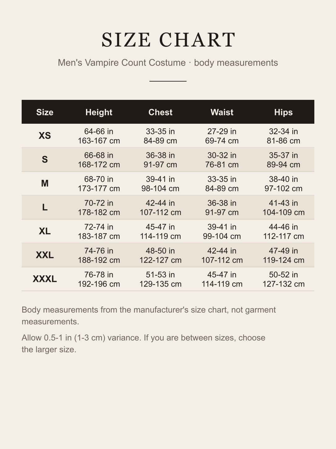Size chart for the men's vampire count costume: height, chest, waist and hips for XS to XXXL in inches and centimeters