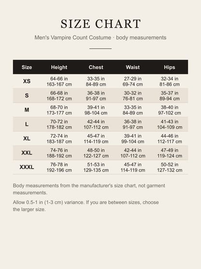 Size chart for the men's vampire count costume: height, chest, waist and hips for XS to XXXL in inches and centimeters