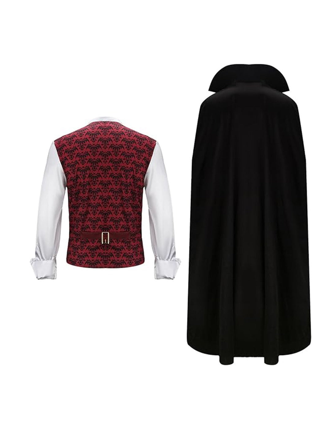 Back of the vampire costume top with white sleeves and buckle strap, shown next to the black cape