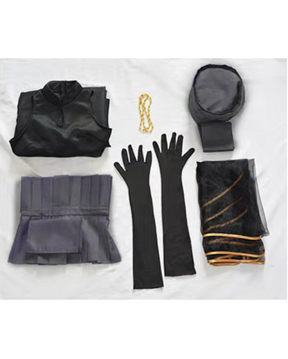What's included: black top, gray pleated apron, headpiece, gold-trim veil, long black gloves and gold bead necklace laid flat