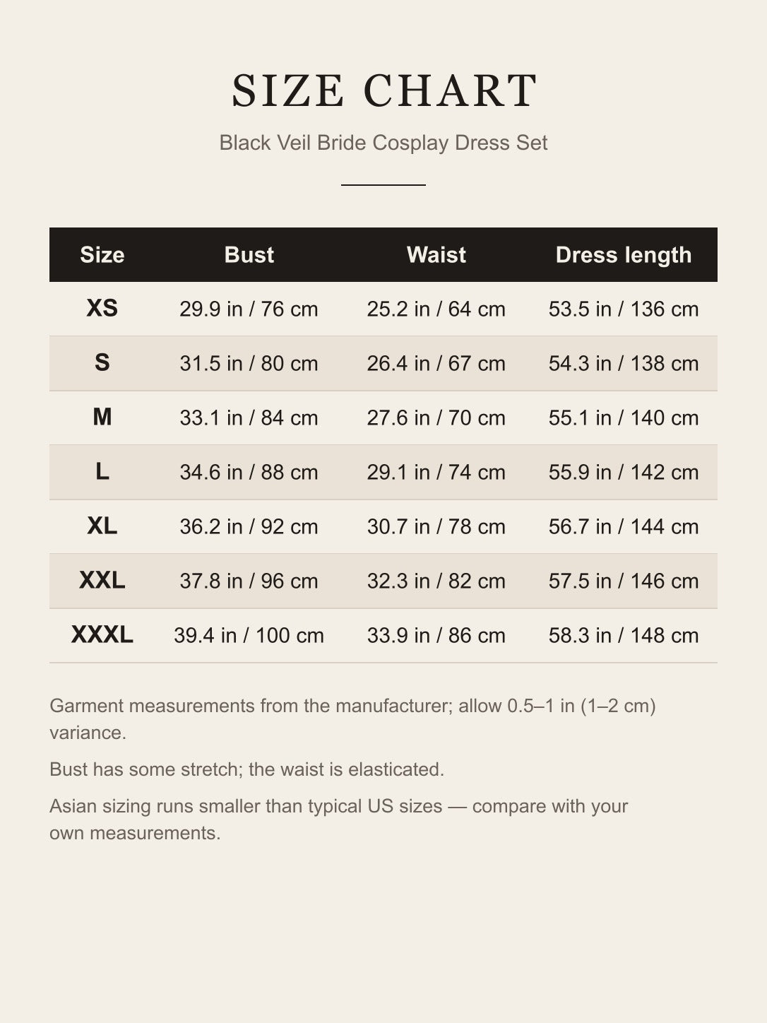 Size chart for the black veil bride cosplay dress: bust, waist and dress length for XS to XXXL in inches and centimeters