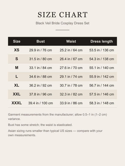 Size chart for the black veil bride cosplay dress: bust, waist and dress length for XS to XXXL in inches and centimeters