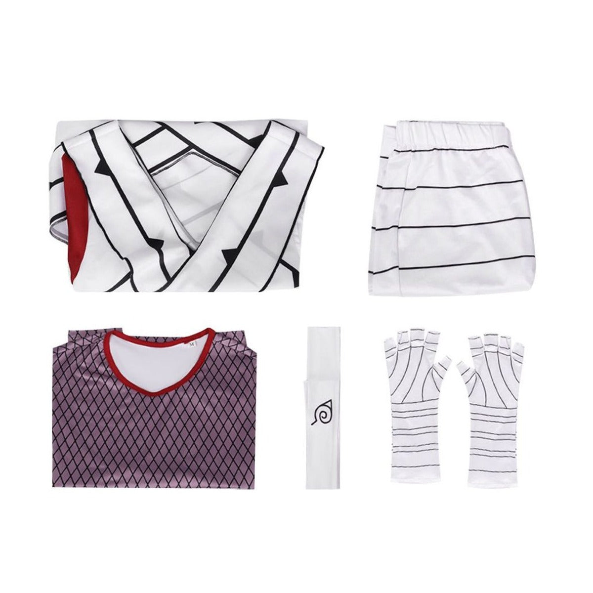 Yuhi Kurenai cosplay costume set contents: wrap top, mesh undershirt, striped shorts, headband and gloves