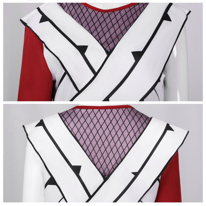 Close-up of crossing bandage strips and purple mesh undershirt neckline