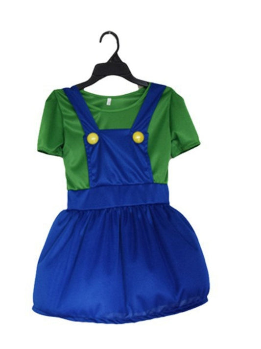 Girls' green and blue overall costume dress on a hanger: green short-sleeve top, blue bib straps with yellow buttons and a blue bubble skirt