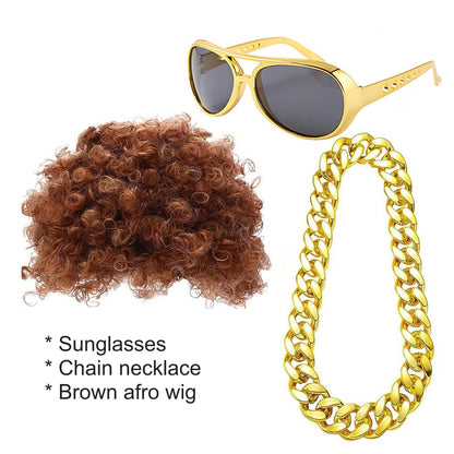 What's included: brown curly afro wig, gold-tone sunglasses and gold-tone chain necklace