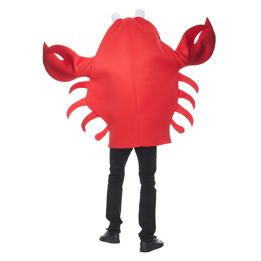 Back view of the red crab costume showing the enclosed hood, claws and side legs