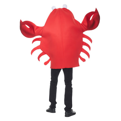 Back view of the red crab costume showing the enclosed hood, claws and side legs