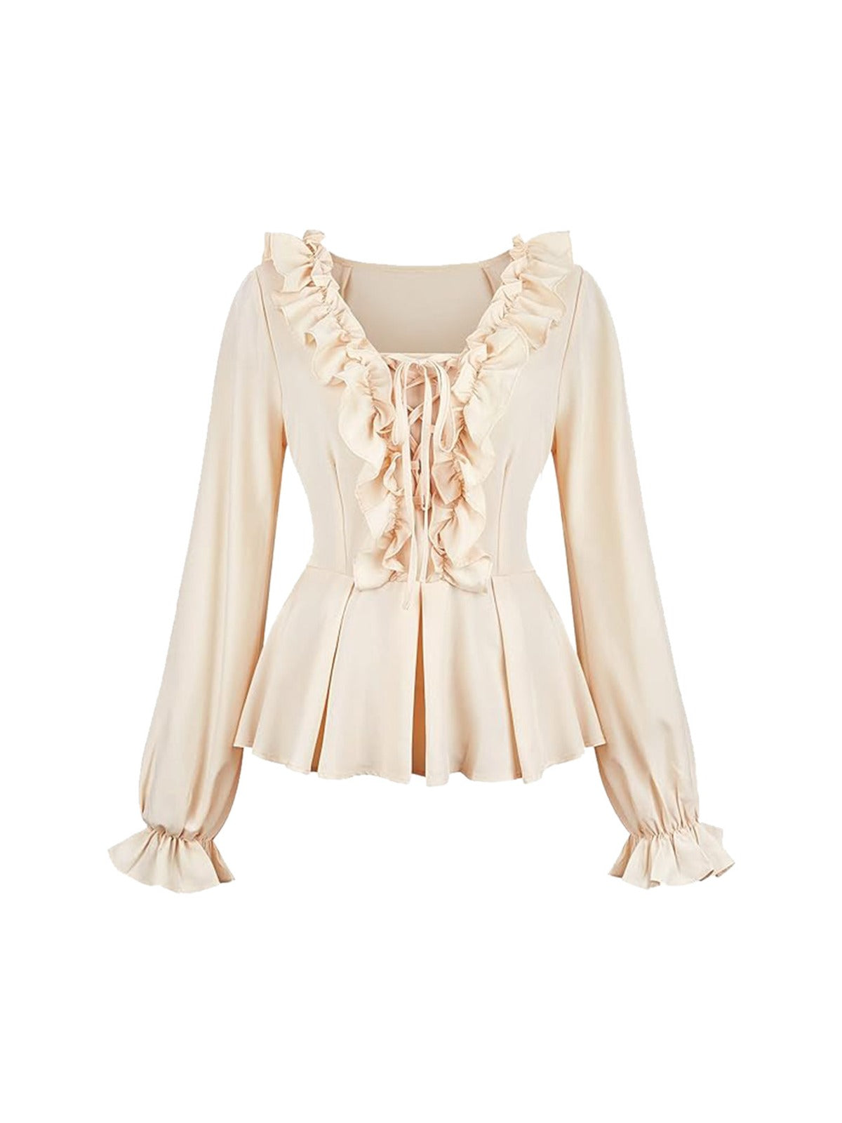 Flat front view of the cream ruffled lace-up Renaissance blouse with peplum hem and ruffled puff sleeves