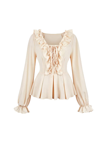 Flat front view of the cream ruffled lace-up Renaissance blouse with peplum hem and ruffled puff sleeves