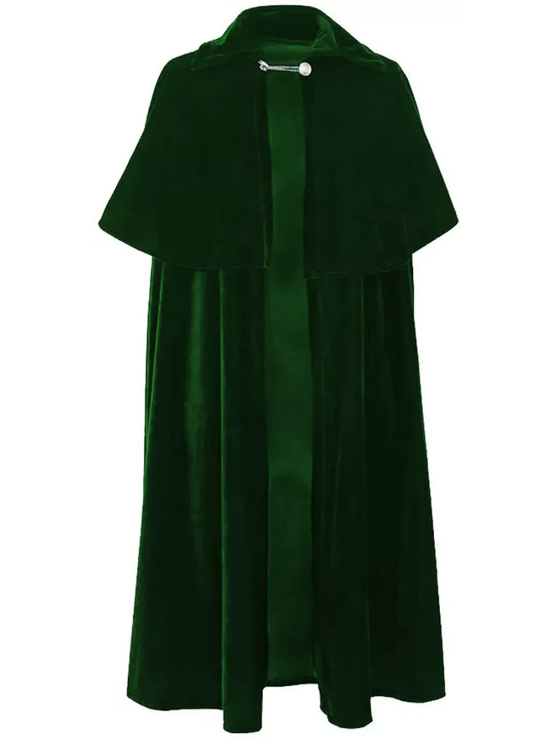 Product photo of the dark green velvet cape, front view showing the chain clasp, capelet and green front facing
