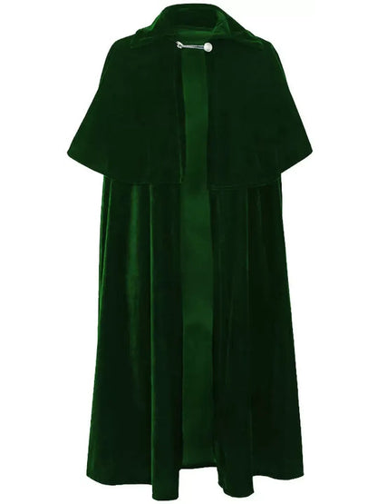 Product photo of the dark green velvet cape, front view showing the chain clasp, capelet and green front facing