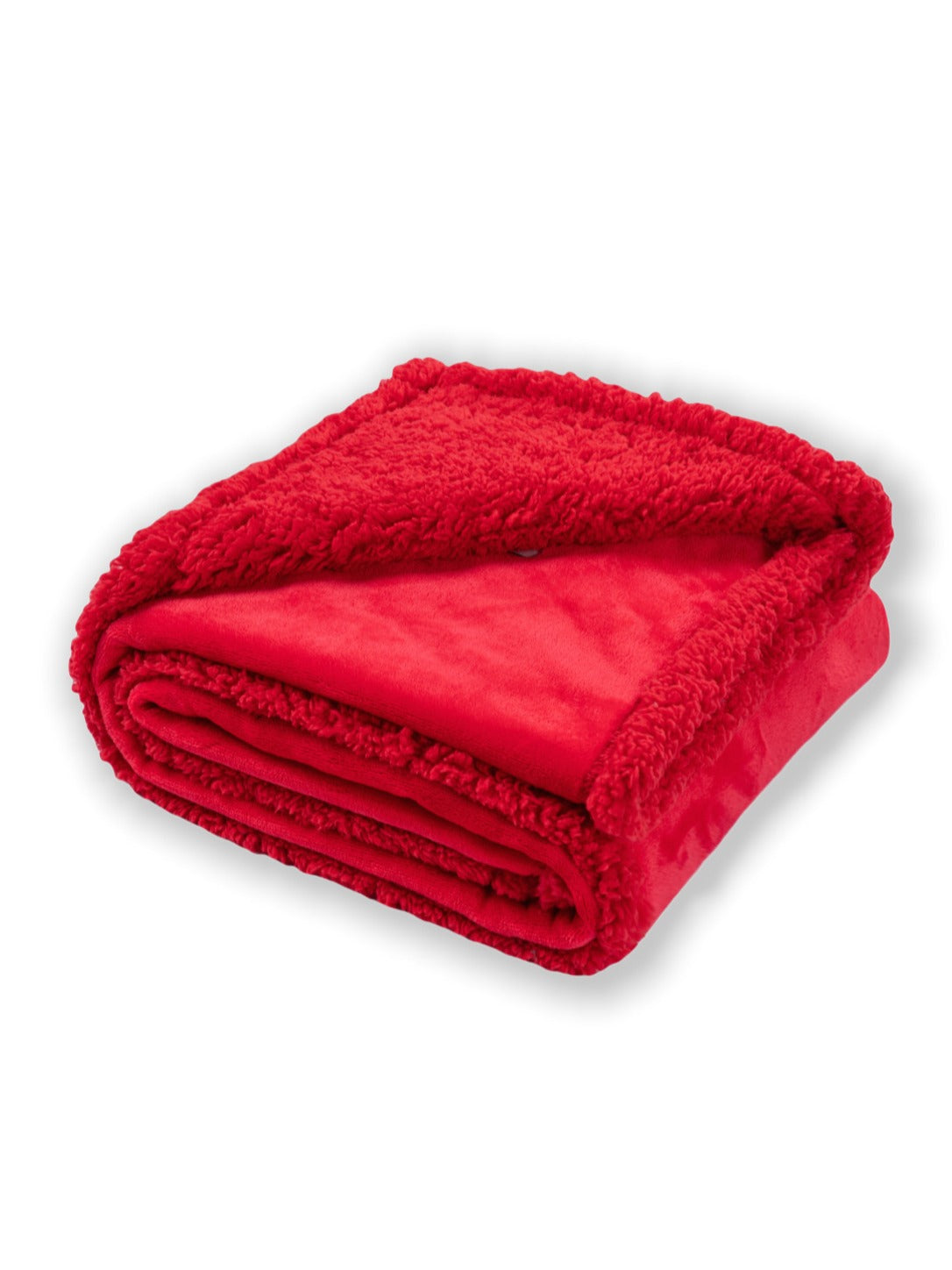 Red double-sided pet blanket folded to show the plush sherpa side and smooth flannel side, white background