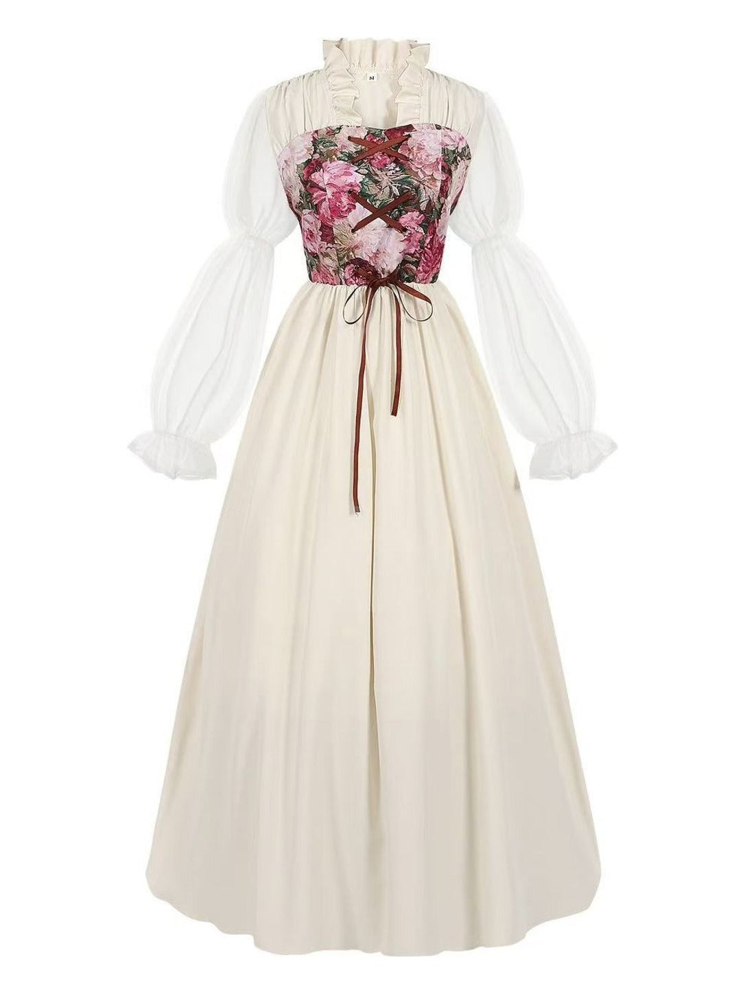 Floral corset bodice Renaissance dress, front flat view with front ribbon lacing and sheer puff sleeves