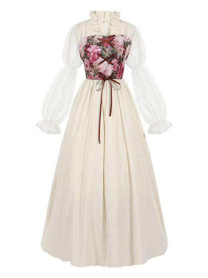 Floral corset bodice Renaissance dress, front flat view with front ribbon lacing and sheer puff sleeves