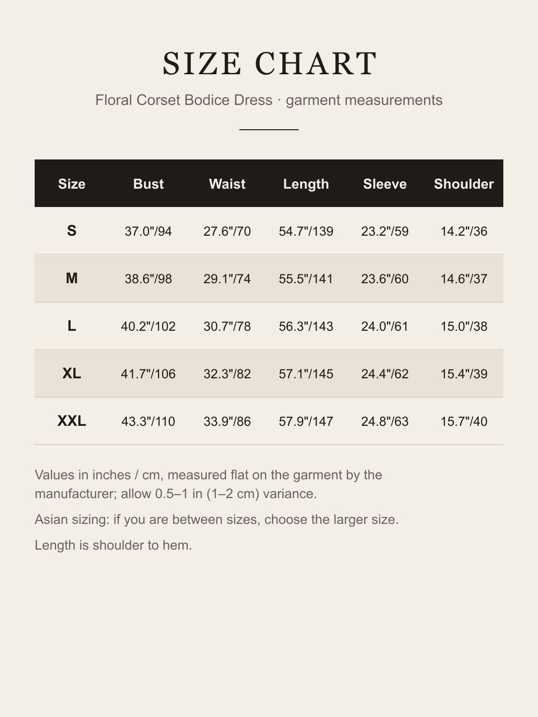 Size chart for the women's floral corset Renaissance dress, S to XXL in inches and cm