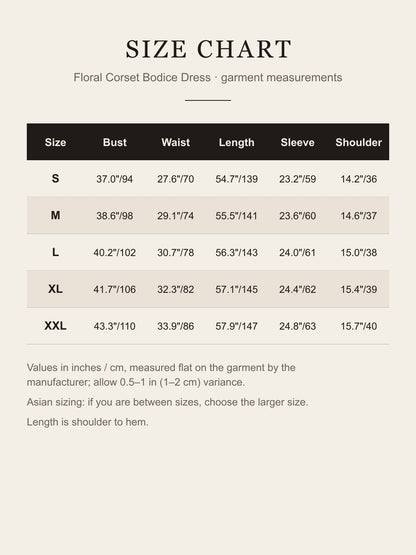 Size chart for the women's floral corset Renaissance dress, S to XXL in inches and cm
