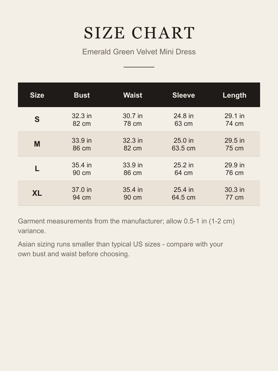 Size chart for the emerald green velvet mini dress: bust, waist, sleeve and length for S to XL in inches and cm