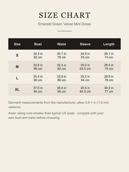 Size chart for the emerald green velvet mini dress: bust, waist, sleeve and length for S to XL in inches and cm