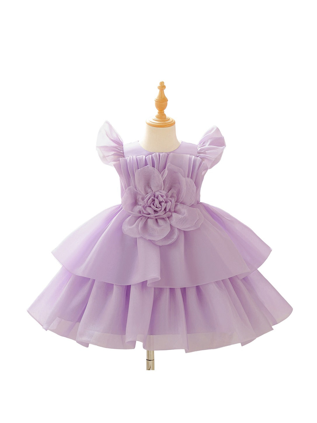 Light purple girls' princess dress on a dress form, white background, front view