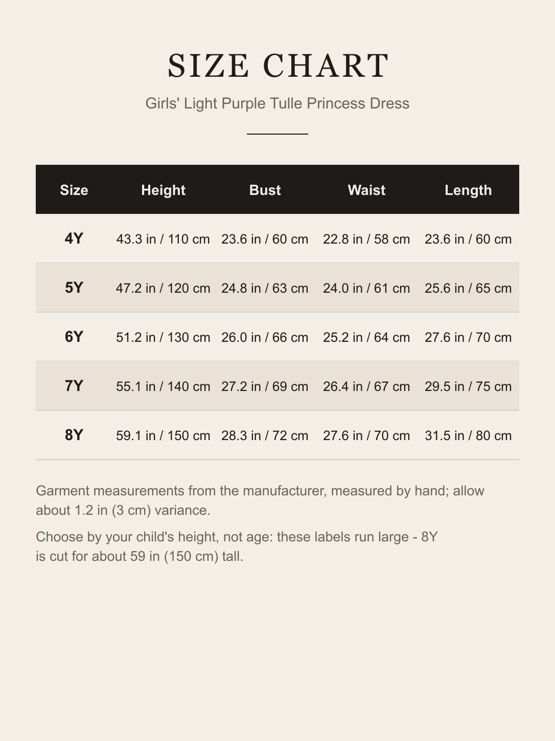 Size chart for the girls' light purple princess dress: height, bust, waist and length for 4Y-8Y in inches and centimeters