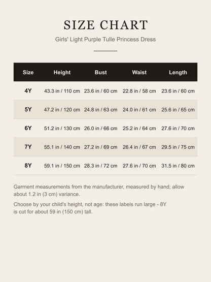 Size chart for the girls' light purple princess dress: height, bust, waist and length for 4Y-8Y in inches and centimeters