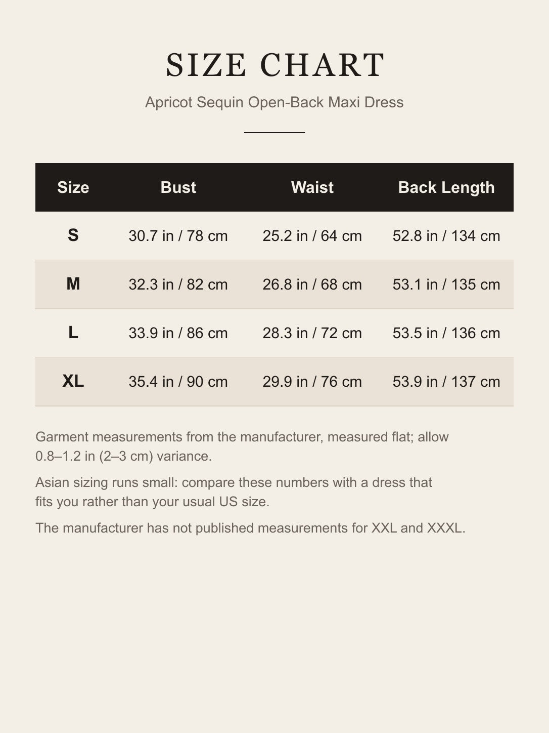 Size chart for the apricot sequin maxi dress: bust, waist and back length for S to XL in inches and cm