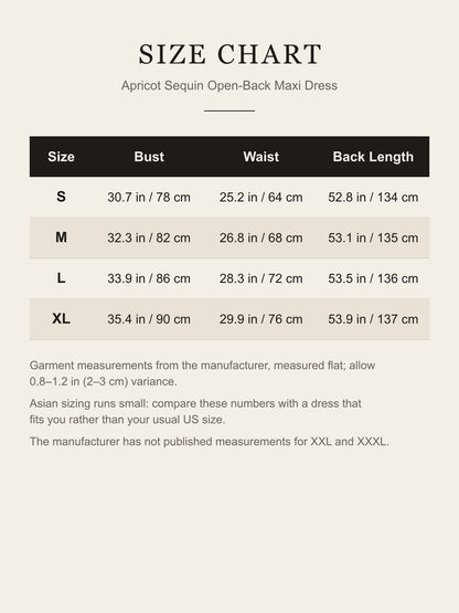 Size chart for the apricot sequin maxi dress: bust, waist and back length for S to XL in inches and cm