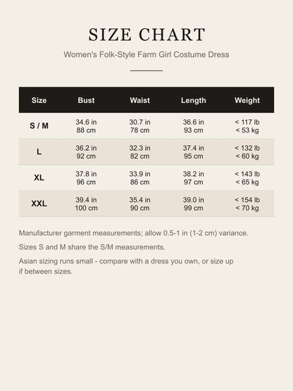 Size chart for the women's folk-style farm girl costume dress: bust, waist, length and suggested weight in inches and cm