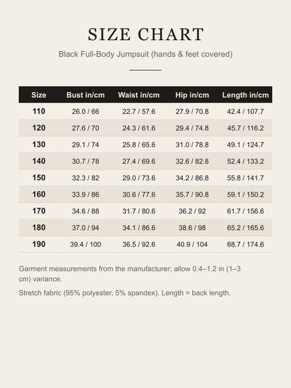 Size chart for the black full-body jumpsuit: bust, waist, hip and back length for sizes 110 to 190 in inches and centimeters