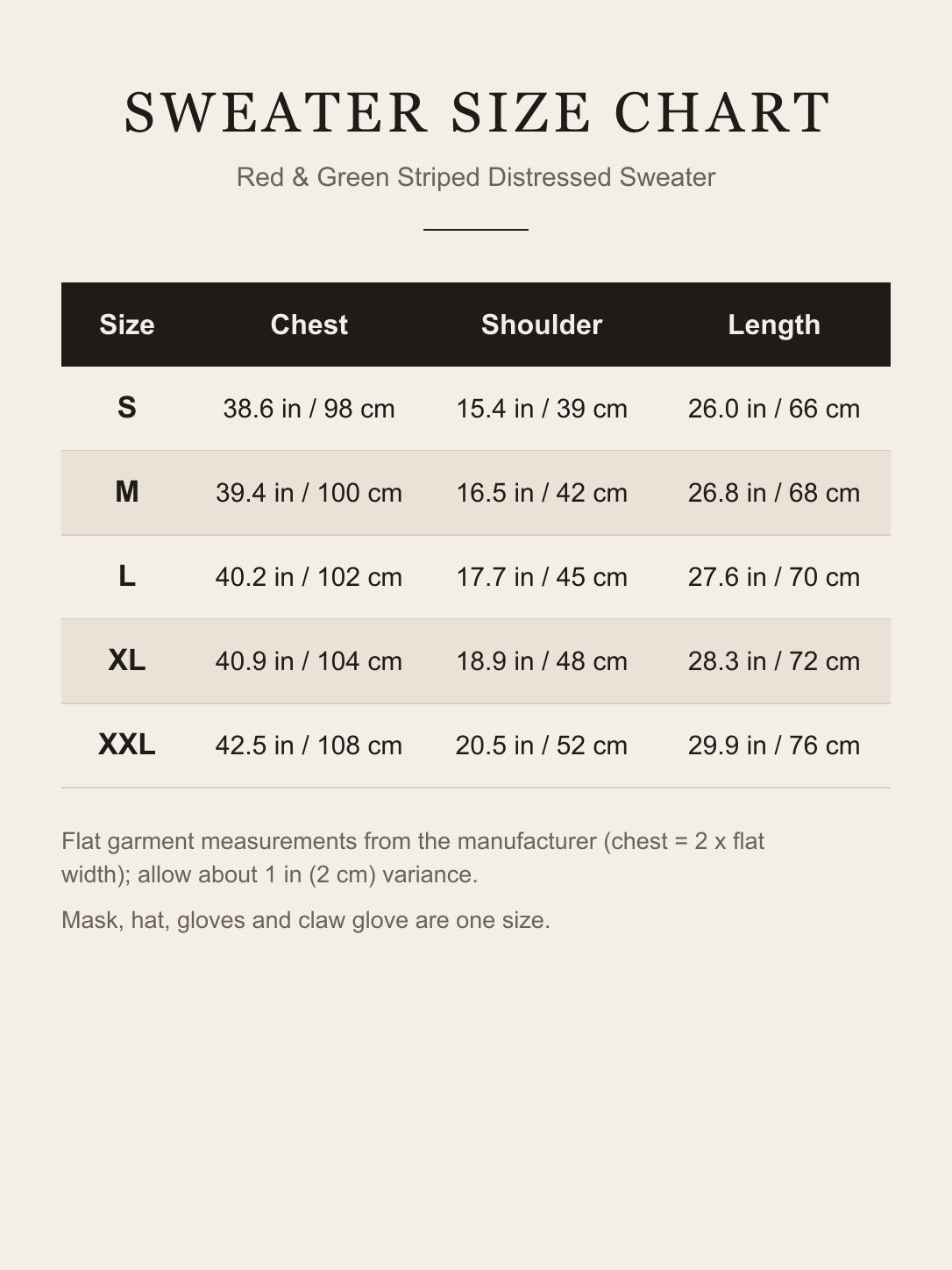 Sweater size chart S to XXL: chest, shoulder and length in inches and centimeters