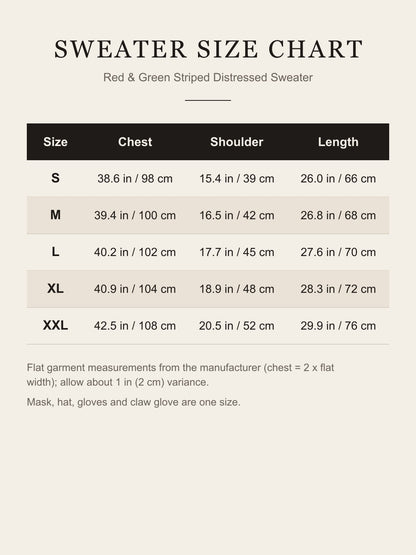 Sweater size chart S to XXL: chest, shoulder and length in inches and centimeters