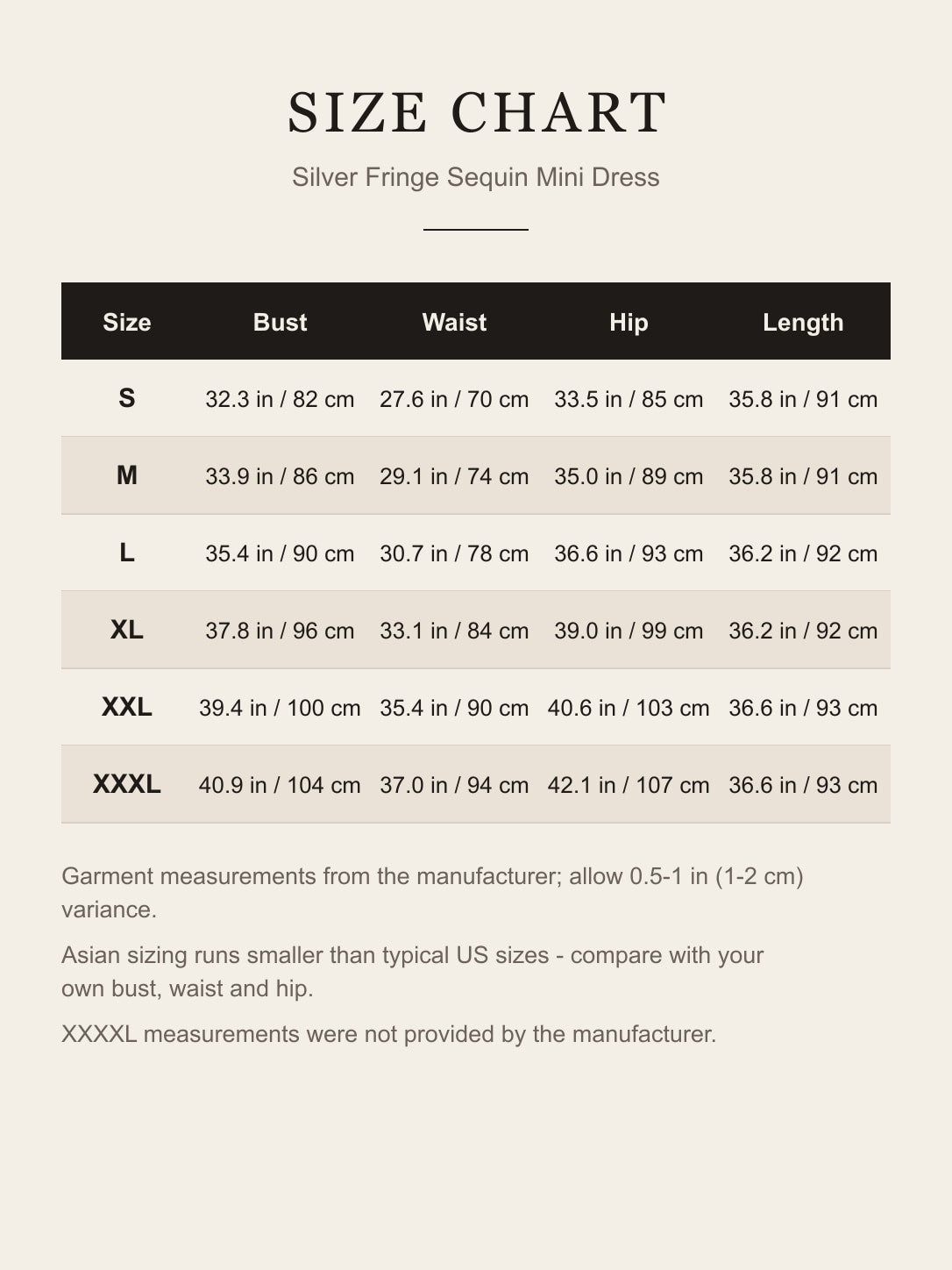 Size chart for the silver fringe mini dress: bust, waist, hip and length for S to XXXL in inches and centimeters