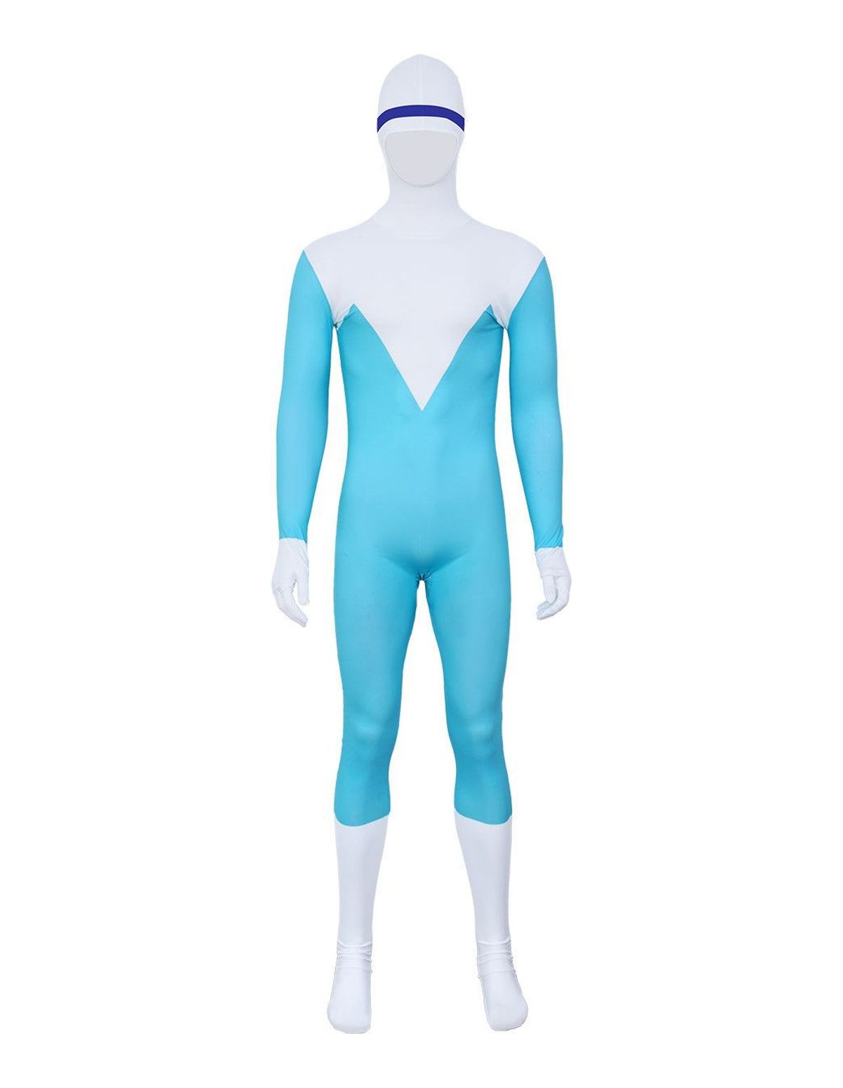 Actual product photo: blue and white hooded jumpsuit with full hood, navy band, attached white gloves and feet, front view