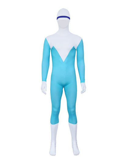 Actual product photo: blue and white hooded jumpsuit with full hood, navy band, attached white gloves and feet, front view