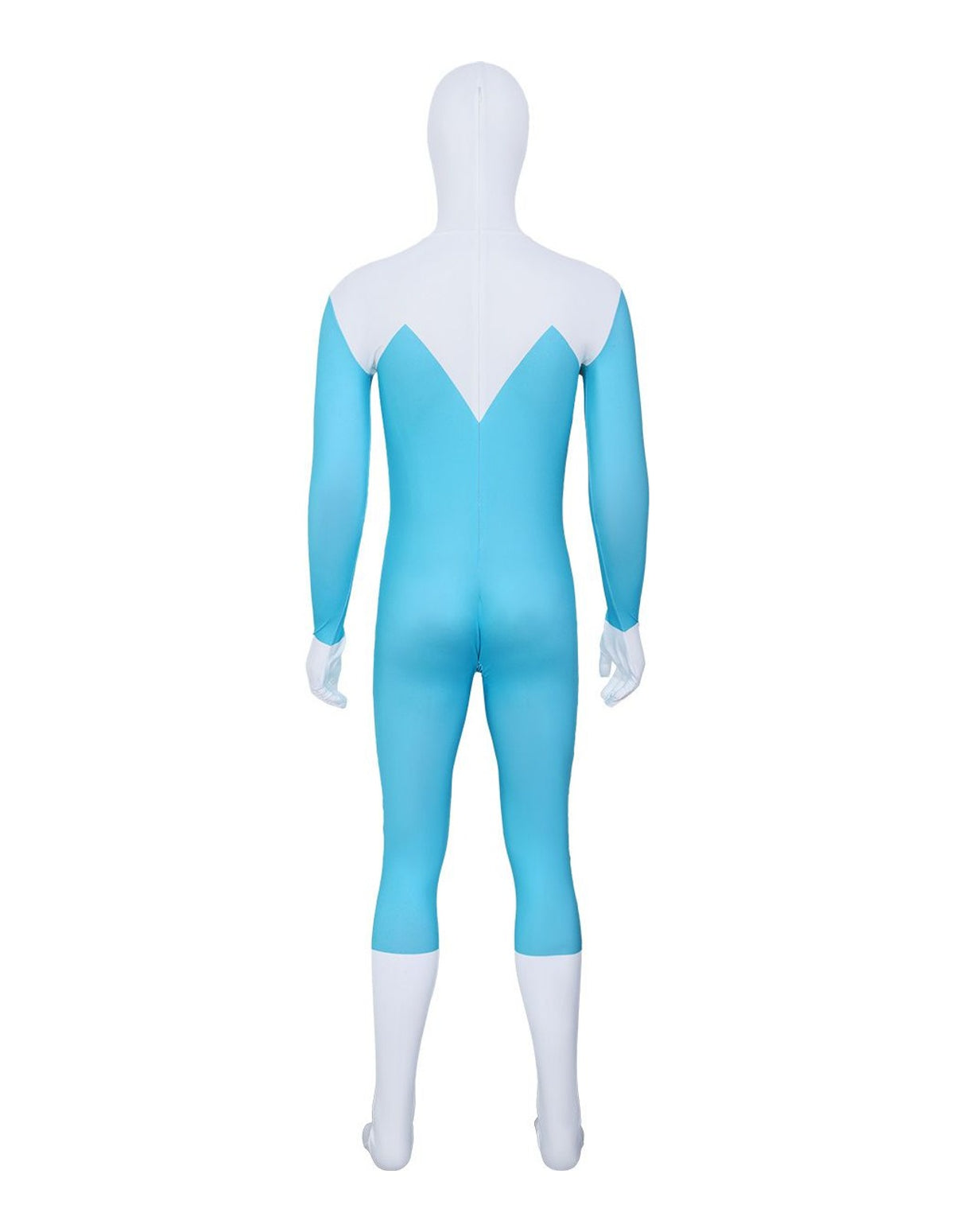 Actual product photo: back view of the blue and white hooded jumpsuit showing the white V panel and attached hood