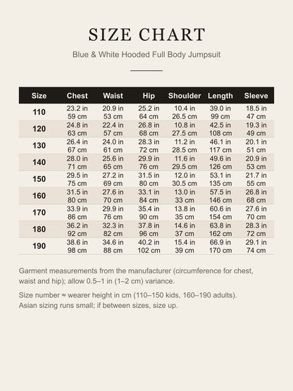 Size chart for the blue and white hooded jumpsuit: chest, waist, hip, shoulder, length and sleeve for sizes 110 to 190 in inches and centimeters