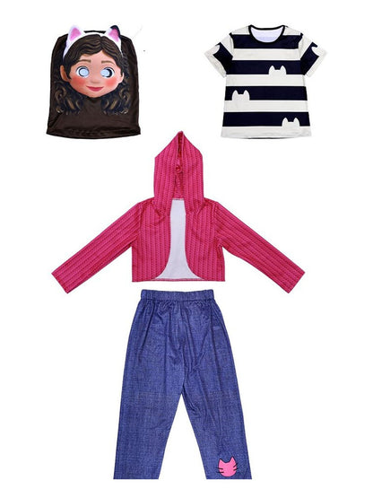 What's included in the girls' Gabby costume set: printed hood mask, striped T-shirt, pink hooded jacket and denim-print pants