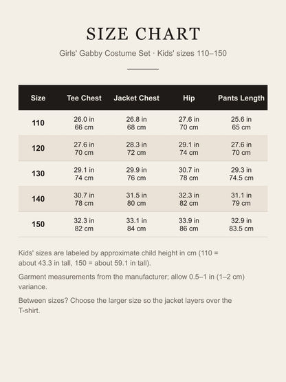 Size chart for the girls' Gabby costume set, sizes 110–150, T-shirt chest, jacket chest, hip and pants length in inches and cm